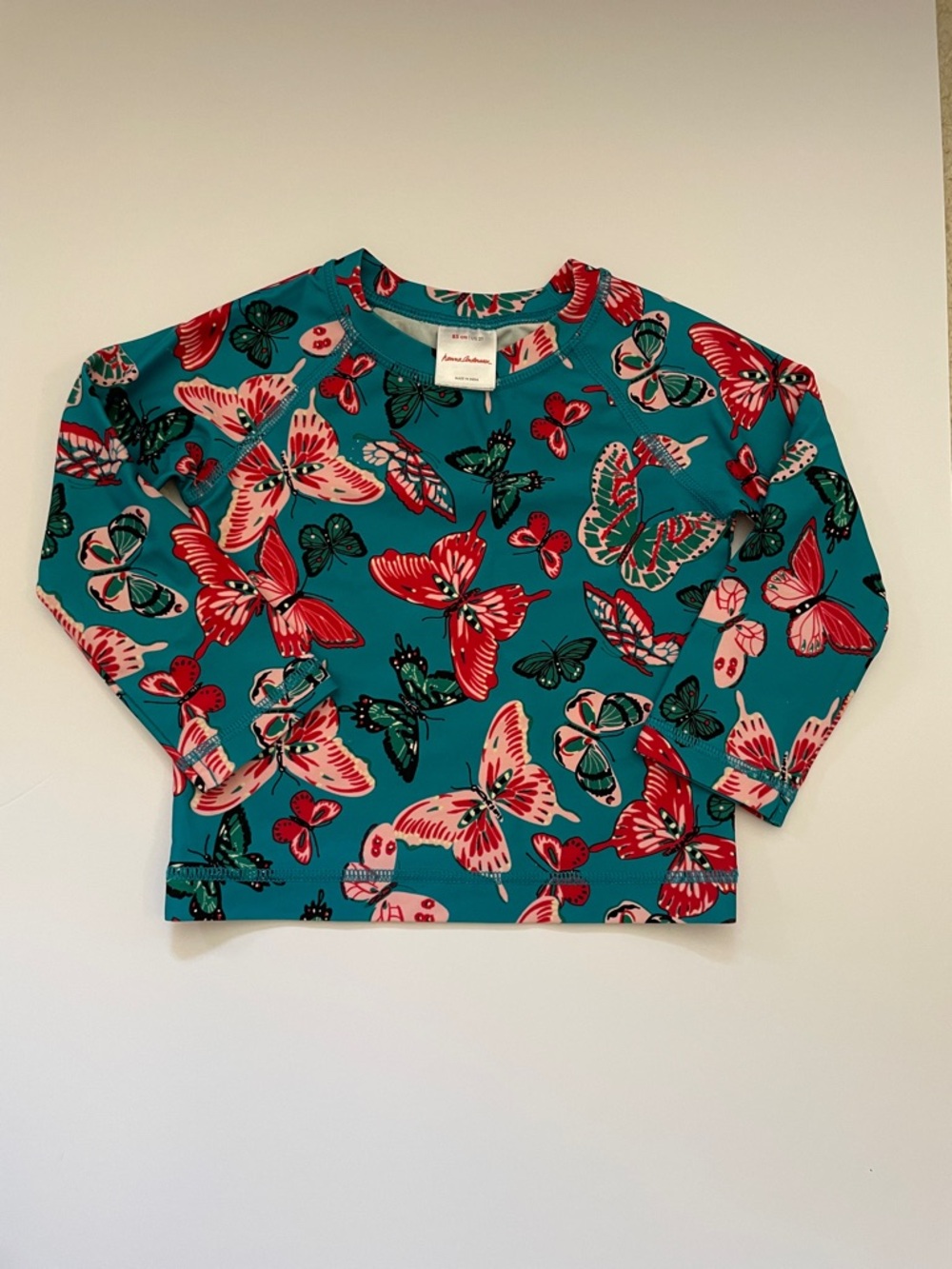 Hanna Andersson Teal Long Sleeve swim rash guard, butterfly print 2T